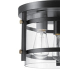 Close-up of Three Light Rustic Modern Flush Mount Ceiling Light in Dark Bronze with Brass and Clear Glass Shade E26 Base