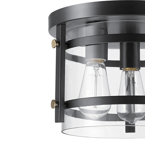 Close-up of Three Light Rustic Modern Flush Mount Ceiling Light in Dark Bronze with Brass and Clear Glass Shade E26 Base
