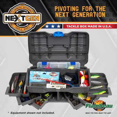 Open Next Gen 6 0 Large Fishing Tackle Box With 6 Pivot Trays And 32 Compartments Includes 25 Piece Starter Tackle Kit
