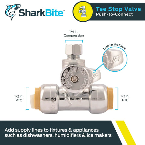 Brass Push Tee Stop Valve 1/2 Inch By 1/2 Inch By 1/4 Inch Compression Fitting For PEX Copper CPVC PE-RT HDPE Quick Connect in packaging