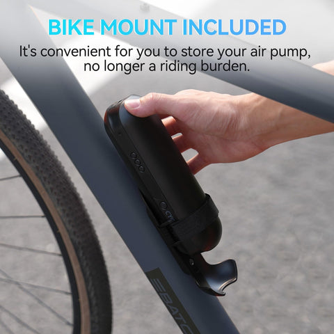 On The Go Portable Electric Air Compressor Pump For Bikes And Cars mounted on bicycle frame