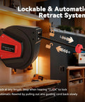 Auto Retracting 50 Foot Heavy Duty Cord Reel For Garage And Workshop mounted on wall with lock system and retracting mechanism.