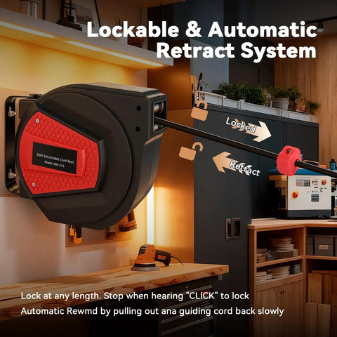 Auto Retracting 50 Foot Heavy Duty Cord Reel For Garage And Workshop mounted on wall with lock system and retracting mechanism.