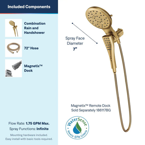 Slick Brushed Gold Shower Head And Handheld Combo With Eight Custom Spray Modes Magnetic Quick Connect Dock Heavy Duty Seventy Two Inch Hose For Hassle Free Daily Refresh Routine