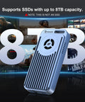Premium 80Gbps M.2 NVMe Enclosure Featuring Active Cooling Fan And Thunderbolt 5 USB4 V2.0 Support shown with 8TB capacity note.
