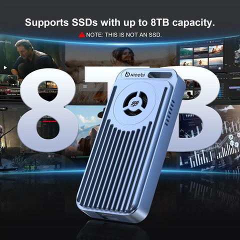 Premium 80Gbps M.2 NVMe Enclosure Featuring Active Cooling Fan And Thunderbolt 5 USB4 V2.0 Support shown with 8TB capacity note.