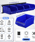 Wall Mounted Plastic Storage Bins Set With 16 Bins And 4 Rails For Screws Nuts Bolts Nails And Small Hardware In A Garage Tool Organizer Durable Stackable And Rust Proof Blue featuring dimensions and uses.