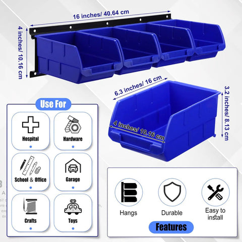 Wall Mounted Plastic Storage Bins Set With 16 Bins And 4 Rails For Screws Nuts Bolts Nails And Small Hardware In A Garage Tool Organizer Durable Stackable And Rust Proof Blue featuring dimensions and uses.
