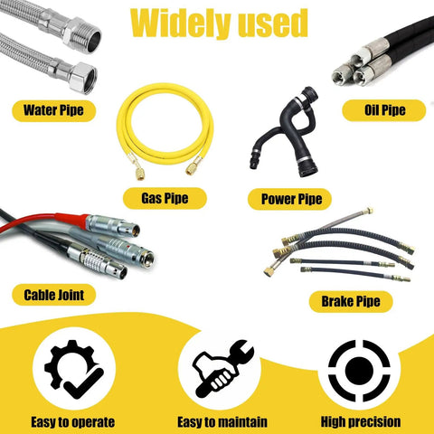 Rugged Electric Hydraulic Hose Crimping Machine With Ten Interchangeable Dies And Badass 3600 KN Crushing Force For No Sweat Rubber Tube Fixes On Any Workbench Today, showcasing various pipe types.
