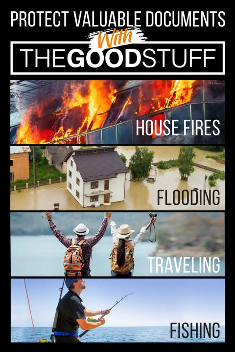 Scenes of house fires, flooding, traveling, and fishing, highlighting uses for 8x5 Inch Fireproof Document Bag With Zipper For Cash And Papers, 2000 Fahrenheit Rated Safe Money Bag, Water And Fire Resistant Envelope For Home Storage During Fires Or Floods.