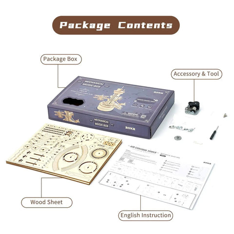 10 Inch 3D Wooden Puzzle Airplane Tower Music Box DIY Mechanical Model Kit For Adults Windup Rotating Tower That Plays Its A Small World package contents