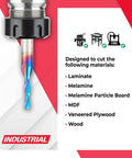 Spektra Extreme Tool Life Coated Spiral Down Cut Router Bits One Eighth Inch Diameter One Half Inch Cutting Height One Quarter Inch Shank Two Inch Long Two Pack For Laminate And Melamine Built Tough For Pro Jobs Made In USA packaging showing materials cut