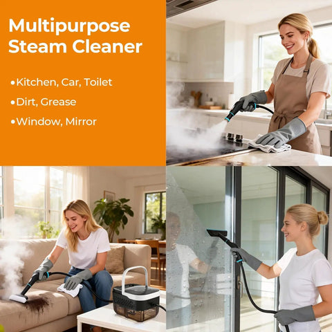 Handheld One Point Two Five Liter Steam Cleaner With Killer Steam Power And Fast High Output For Chemical Free Auto Wash And Kitchen Or Garage Grease Removal In Smooth White Design That Beats Every Stain Dead in use, cleaning kitchen surfaces and windows.
