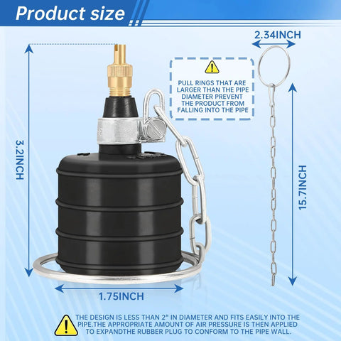 2 Pack Rubber Test Ball Pipe Plug For Sewer Drain And Bathroom Leak Detection 1.75 Inch Non Inflated Expands To 2.25 Inch At 40 PSI With Chain And Large Pull Ring To Prevent Losing It In Pipe Ideal Pressure Test Plug, showing dimensions and features.