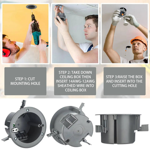 Installation steps for 12 Pack Round Non Metallic Electrical Boxes For Old Work Ceilings with images of cutting holes and inserting boxes.