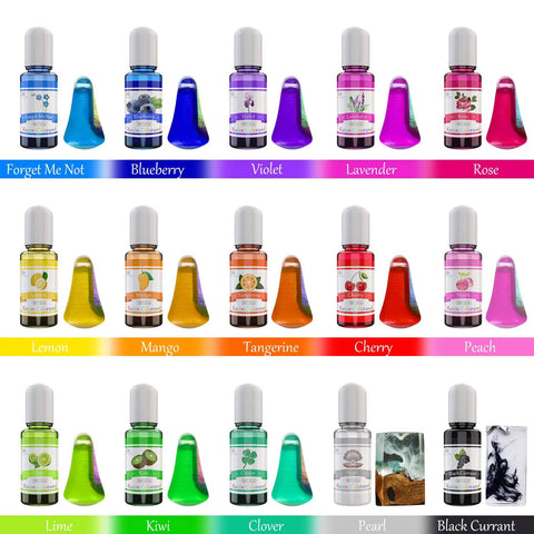 Epoxy resin pigment set by Amazon, 15 colors in 10ml bottles with color swatches.