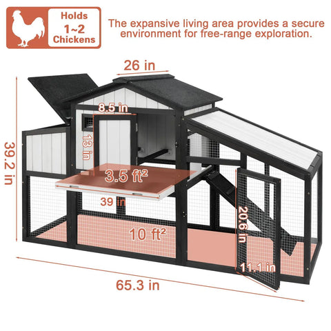 Diagram showing 65.3 Inch Long Wooden Chicken Coop And Run For One To Two Chickens With Nest Box, Tray, and Perches, Expandable Design