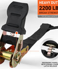 Close-up of Heavy Duty 2200 Lb Ratchet Tie Down Straps 4 Pack 15 Ft Long Black Cargo Straps showing ratchet and handle details.