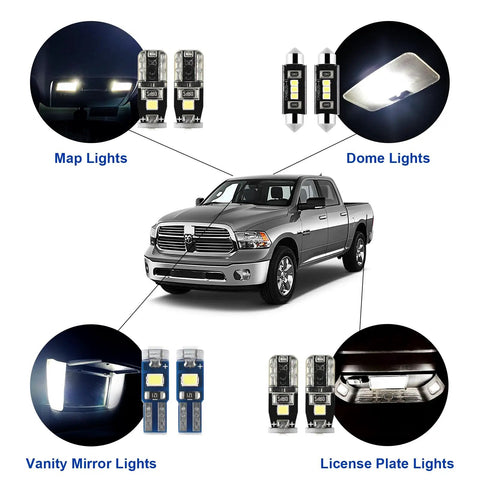 Lit White LED Interior Light Kit For Dodge Ram 2009 to 2018 Pickup Trucks 1500 2500 3500 With 13 Piece Package, map, dome, vanity lights