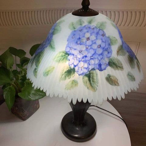 Hand Painted Hydrangea Glass Table Lamp With Metal Base In Blue, Two E26 Bulbs Not Included, 13 Inches Wide By 19 Inches Tall
