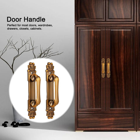 Two Pack Antique Door Pull Handle For Cabinets And Wardrobes European Style Zinc Alloy Vintage Drawer Pull For Closets Cupboards And Sliding Doors Metal Hardware shown on wood cabinet