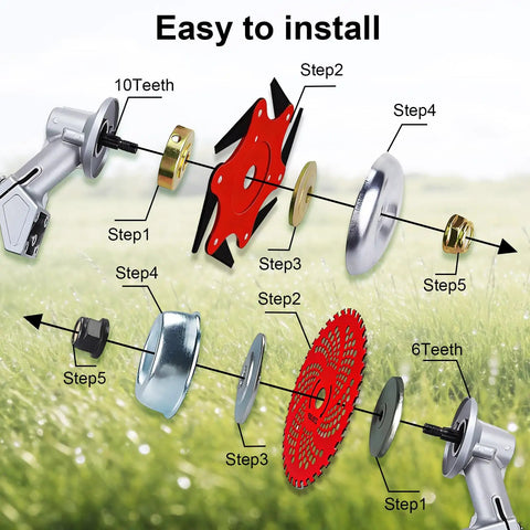 Installation steps for Steel Trimmer Head With 6 Blade Razors And 36 Tooth Brush Cutter Blade 65Mn Steel Includes Adapter Kits