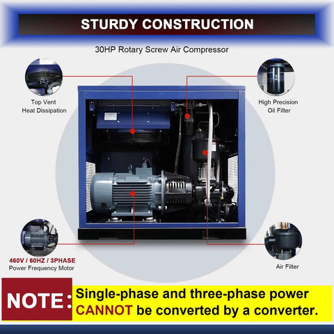 30HP Rotary Screw Air Compressor Pump 123 CFM At 125 PSI 460V Three Phase Industrial System With Low Noise Design For Continuous Duty Factory Workshop Use And Production Line Heavy Equipment Operations