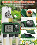 Outdoor Garden Water Timer For Hose With Auto Manual And Rain Delay Modes All In One 3 Zone Sprinkler Irrigation Controller With Brass Inlet And Outlet For Yard And Lawn Easy To Program And Flexible, featuring a waterproof design with display and hose connections.