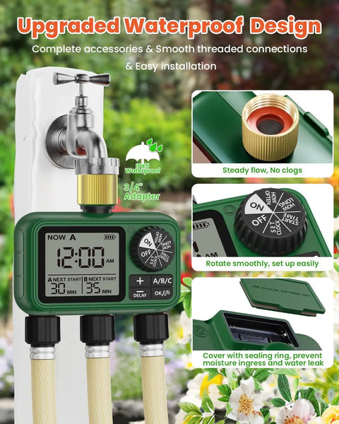 Outdoor Garden Water Timer For Hose With Auto Manual And Rain Delay Modes All In One 3 Zone Sprinkler Irrigation Controller With Brass Inlet And Outlet For Yard And Lawn Easy To Program And Flexible, featuring a waterproof design with display and hose connections.