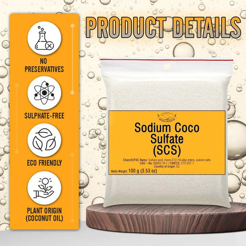 Premium Sodium Coco Sulfate SCS Fine Granules Anionic Foaming Surfactant For DIY Friendly Homemade Solid Shampoo Bars And Foamy Body Soap Hair Care With Bubbly Lather 600 g 21.17 oz, 100 g pouch