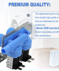 Blue plastic water inlet valve for washing machines with metal mounting bracket and electrical terminals (front view).