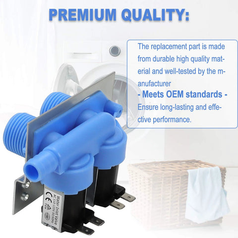 Blue plastic water inlet valve for washing machines with metal mounting bracket and electrical terminals (front view).