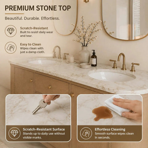 Lowkey Stunning 94 Inch Freestanding Double Sink Bathroom Vanity With Real Marble Top And Super Roomy Drawers For A Straight Up Clean Setup That Keeps Daily Essentials Well Organized showcasing premium scratch-resistant marble top.