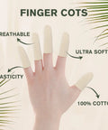 Cotton Finger Cots 20 Pack For Cracked Skin And Eczema Calluses Moisture Wicking Breathable Hand Protection For Men And Women Short Length Comfort Fit displayed on hand