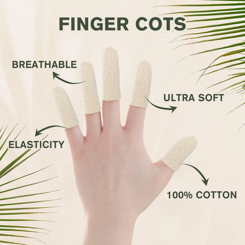 Cotton Finger Cots 20 Pack For Cracked Skin And Eczema Calluses Moisture Wicking Breathable Hand Protection For Men And Women Short Length Comfort Fit displayed on hand
