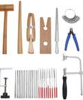 Badass Jeweler Toolkit Featuring Tough Saw Frame With 144 Cutting Blades Sturdy Bench Pin Clamp Ring Sizer Mandrel Needle Files Wire Snips And Steel Hammer For Serious DIY Jewelry Crafting Gear, includes wooden hammer, pliers, and more.