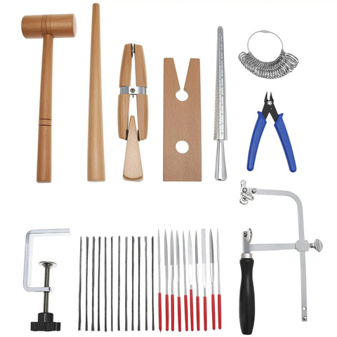 Badass Jeweler Toolkit Featuring Tough Saw Frame With 144 Cutting Blades Sturdy Bench Pin Clamp Ring Sizer Mandrel Needle Files Wire Snips And Steel Hammer For Serious DIY Jewelry Crafting Gear, includes wooden hammer, pliers, and more.