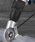 Close-up of Drill Nibbler Sheet Metal Cutter Attachment in use, cutting sheet metal with quick precise cuts and sparks-free operation.