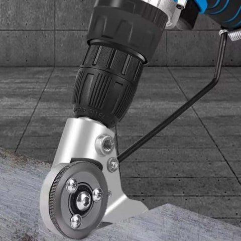 Close-up of Drill Nibbler Sheet Metal Cutter Attachment in use, cutting sheet metal with quick precise cuts and sparks-free operation.