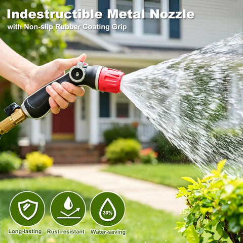 Metal Thumb Control Adjustable Nozzle Delivers 30 Percent More Water Flow With Heavy Duty Garden Hose Nozzle spraying water
