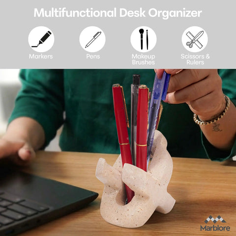Travertine Marble Cell Phone Stand And Desk Organizer 4 Inch Key And Sunglass Holder Pen And Pencil Stand For Office And Home Desk Decor Natural Stone Accessory For Slick Organization, holding pens on a desk.