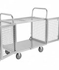 Heavy Duty 2000 Lbs Platform Truck With Secure Cage Reinforced Steel Warehouse Utility Cart Rolling Trolley with open gates.