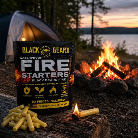 Weatherproof Campfire Starter Plugs Pack of 50 in front of campfire, used for quick fires in wet weather, made in USA, yellow plugs.