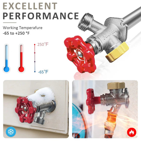 Frost Free Outdoor Faucet With Anti Siphon Backflow Preventer, Lead Free Brass Frost Proof Sillcock, red handle, winter setup