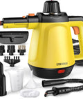 No Stress Deep Clean Handheld Steam Cleaner With 1200 Watt Fast Heat And Ten Tough Attachments for deep cleaning surfaces.