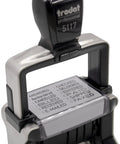 Heavy Duty Self Inking Stamp With Dual Color Blue Red Ink, showing preloaded office messages on rubber imprint tool.