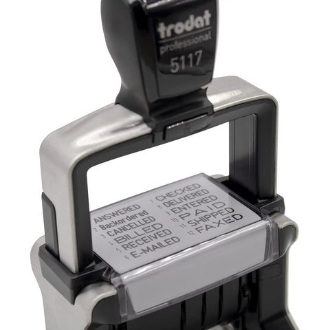 Heavy Duty Self Inking Stamp With Dual Color Blue Red Ink, showing preloaded office messages on rubber imprint tool.