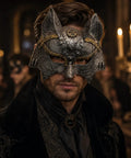 Rad Steampunk Fox Half Mask With Retro Gears And Rivets For Halloween Costume Party, worn by a male model, showing detailed metal design.