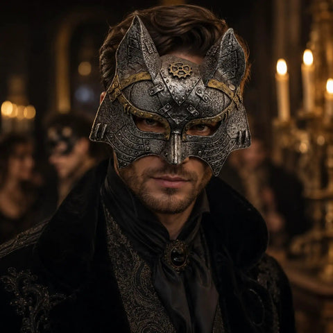 Rad Steampunk Fox Half Mask With Retro Gears And Rivets For Halloween Costume Party, worn by a male model, showing detailed metal design.