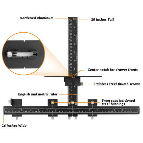 Diy Friendly Adjustable Cabinet Hardware Jig Template for Drawer Handles and Knobs Installation with ruled guide and bushings.